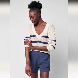 FAHERTY  MIRAMAR V NECK LINEN BLEND SWEATER - WHARF STRIPE SZ M